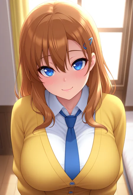 masterpiece, best quality, amazing quality, 1girl, solo, (portrait:1.2), kokoroww, blue eyes, brown hair, long hair, hair between eyes, hairclip, large breasts, yellow cardigan, blue necktie, white collared shirt, looking at viewer, smile, indoors, skindentation, detailed clothing folds, depth of field, sharp, high contrast, dynamic light <lora:Haitoku_to_Yokubou_no_Kiryuu_Kokoro_ill:0.8>