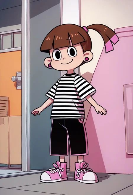 score_9, score_8_up, score_7_up BREAK SonyaToast, 1girl, brown hair, blunt bangs, black eyes, ponytail with pink accents, pink scrunchie, fuchsia pearl earrings, short-sleeved black white striped shirt, black pants, pink white high-top sneakers, smiling at viewer, cartoon, source_cartoon, child,