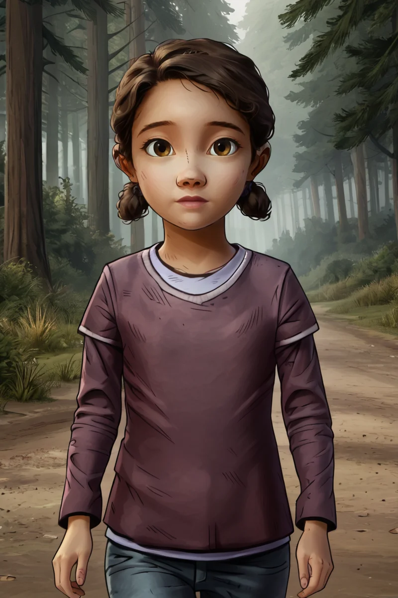 1girl, solo, brown hair, brown eyes, small, petite, cute, long sleeve shirt, walking, trees, woods,
<lora:ClementineS2:1>
<lora:Concept Art Brush Style LoRA_Pony XL v6:0.8> concept art,