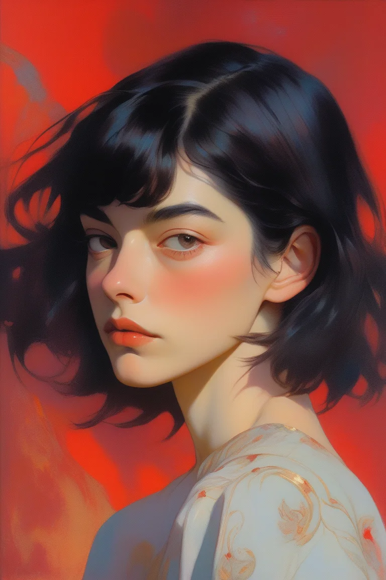 (realistic:1.1),oil color,ghibli ,(1girl ),portrait,lip, Dirac,Plate, Crimson gradient background, dark pastel hair,Short hair, Algerian ,Milton Glaser,, (masterpiece,best quality,niji style)