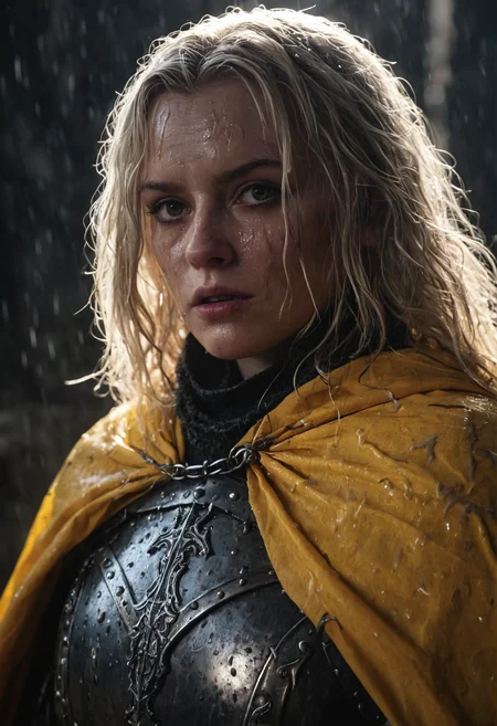 portrait of a female knight, age 20, dark armor, wet blond hair, intense expression, lens flare, dimly lit medieval setting, tattered yellow cape, dramatic lighting, serious, gritty, epic, high contrast, fantasy, close-up, cinematic tone, dark atmosphere, 4k, detailed textures, volumetric lighting, moody.