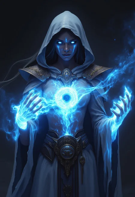 Digital fantasy artwork featuring a powerful sorceress. The layout is vertical, focusing on the upper body of the subject. The sorceress has glowing chaos eyes and pale skin, with long, dark hair flowing from under a hooded cloak. She wears a white, intricately designed robe with gold accents on the shoulders and a detailed belt. Her hands and chest emit vibrant chaos black hole style magical energy, creating an ethereal and intense atmosphere. The background is dark, enhancing the glow of the magical elements. The overall style is highly detailed and realistic, with a strong emphasis on mystical and supernatural themes.