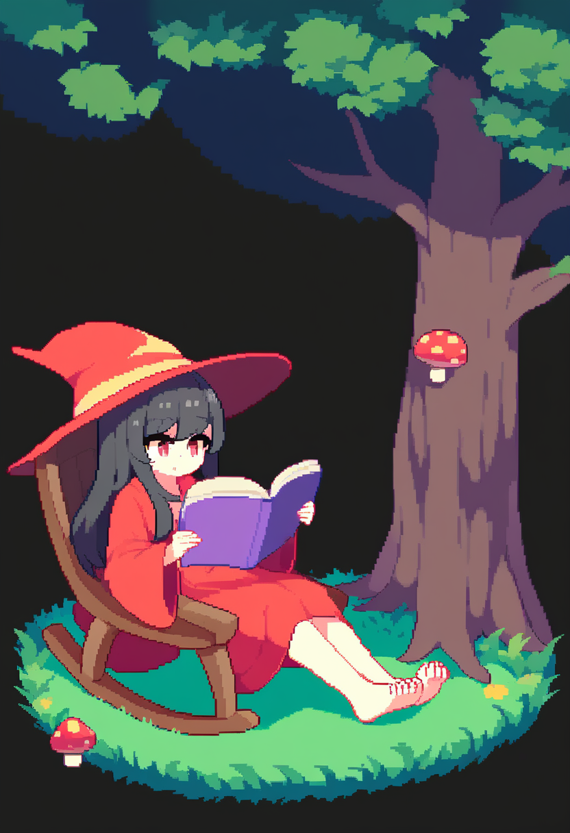 score_9,score_8_up,score_7_up,<lora:pixel_art_a3:1>,1girl, barefoot, black_hair, book, commentary_request, grass, long_hair, mushroom, outdoors, pixel_art, reading, red_headwear, red_robe, rocking_chair, sitting, transparent_background, tree, wizard_hat