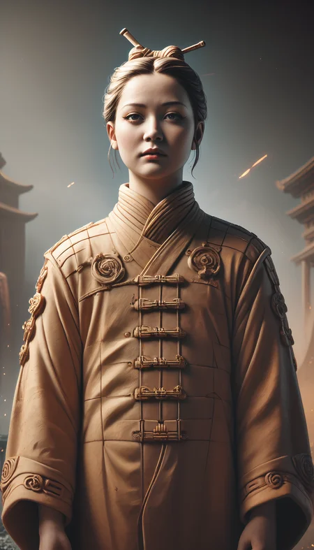 score_9, score_8_up, score_7_up, BREAK, made of terracotta, A photorealistic image of a corrupted Geisha made of terracotta in a futuristic japanese setting. ((futuristic japanese background))