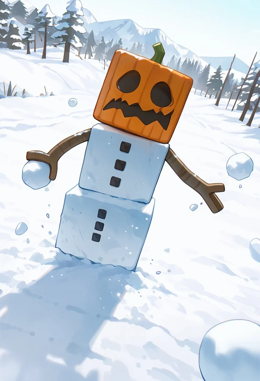 masterpiece, best quality, amazing quality, very aesthetic, absurdres, newest, detailed background, foreground blur,
snowglm, no humans, white body, solo, standing, cube head, cube body, stick hands, brown arms,
pumpkin head, sharp mouth, big mouth, square eyes, empty eyes, no pupils, black sclera, black mouth, orange head,
cartoon, pose, eyes dynamic angle, snowball, throwing snowball, incoming snowball, snow fight,