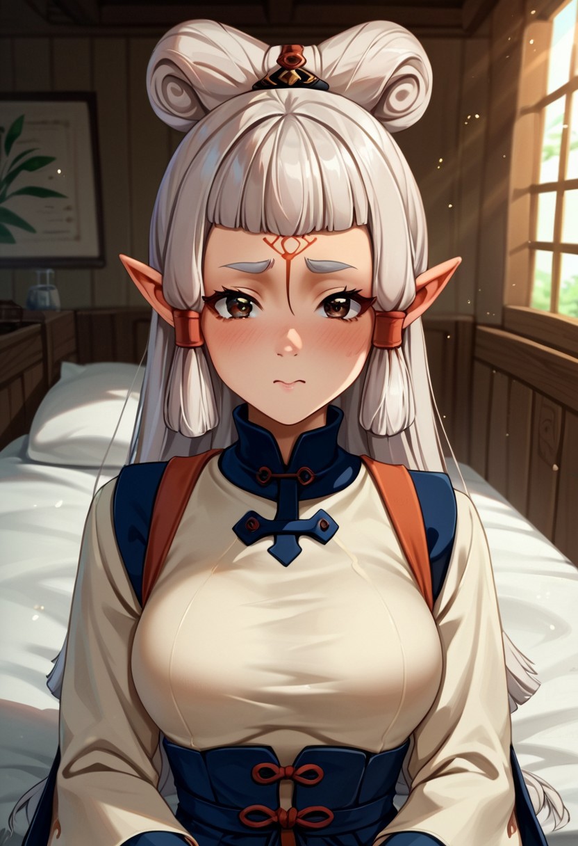 score_9, score_8_up, score_7_up, score_6_up, score_5_up, score_4_up, source_anime, , (best quality) , (highly detailed) , (best quality) , (highly detailed) ,((masterpiece)), ((best quality)), (ultra-detailed), ((extremely detailed)), (high resolution), 4K, (8K), best quality, (beautiful), (dynamic lighting), (super detailed skin), sharp focus, (1_girl, solo focus), masterpiece ,absurdres ,detailed face ,beautiful face , bowpaya, paya, elf ears, pointy ears, White hair,  pointy ears, brown eyes, forehead mark
 light rays, (light particles), 
chinese clothes, turtleneck, long sleeves, wide sleeves,, indoors, sitting, bed, bed room, blush, drunk, looking at viewer, solo, cowboy shot, dutch angle
 (portrait, upper body), OverallDetail,