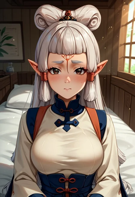 score_9, score_8_up, score_7_up, score_6_up, score_5_up, score_4_up, source_anime, , (best quality) , (highly detailed) , (best quality) , (highly detailed) ,((masterpiece)), ((best quality)), (ultra-detailed), ((extremely detailed)), (high resolution), 4K, (8K), best quality, (beautiful), (dynamic lighting), (super detailed skin), sharp focus, (1_girl, solo focus), masterpiece ,absurdres ,detailed face ,beautiful face , bowpaya, paya, elf ears, pointy ears, White hair, pointy ears, brown eyes, forehead mark
light rays, (light particles),
chinese clothes, turtleneck, long sleeves, wide sleeves,, indoors, sitting, bed, bed room, blush, drunk, looking at viewer, solo, cowboy shot, dutch angle
(portrait, upper body), OverallDetail,