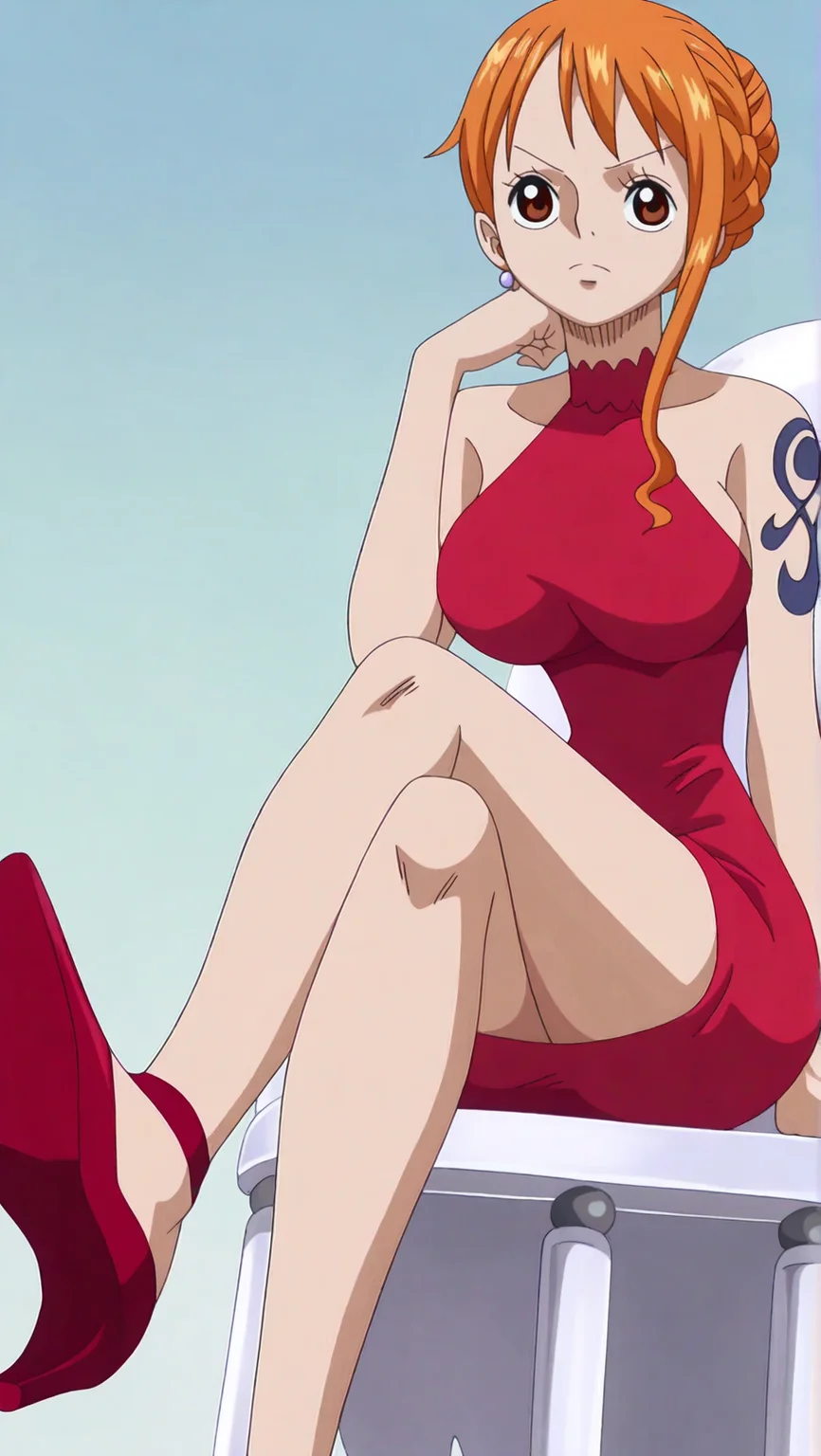 source_anime, masterpiece, best quality, amazing quality, anime screencap, high quality, 8k, absurdres, official style, 1girl, solo, looking at viewer, simple background, <lora:Nami_Post_iL:1>, n4m1 post, brown eyes, orange hair, WCI dress 2, hair up, breasts, dress, halterneck, jewelry, earrings, braid, tattoo, red heels, red footwear, high heels, sitting in chair, legs crossed, serious,