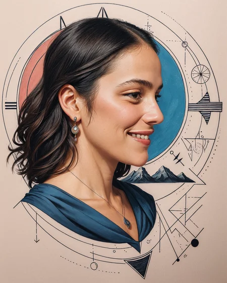 (portrait of a woman, face, natural smile, side-view:1.3), <lora:wrenchgeometricgalore:0.8>tattoo, wrenchgeometricgalore, colorful-theme, geometric pattern, square, triangle, circle, mountains, trees, compass