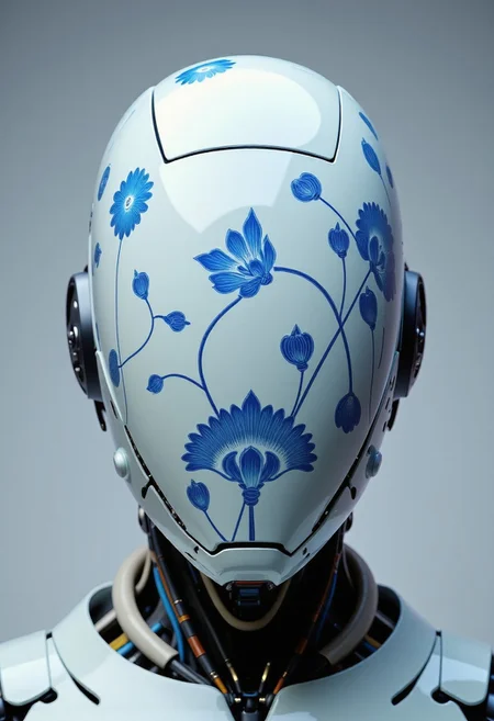 extreme intricate cinematic head Closeup, ajpasbot, faceless android, in the style of ckfa, No Face, blueish and White colored intricate asian porcelain painting on Faceplate with floral Motivs,