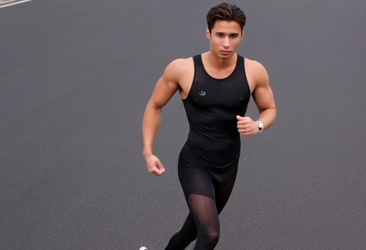 Homoerotic full body photograph of Zayn Malik a man <lora:Carrington-Rodriguez_Zayn-Malik:1>, <lora:SMUXL_alpha_single:1>, smusmu, black sheer see-through tights, marathon running in street, full body, HDR, high quality, chest,