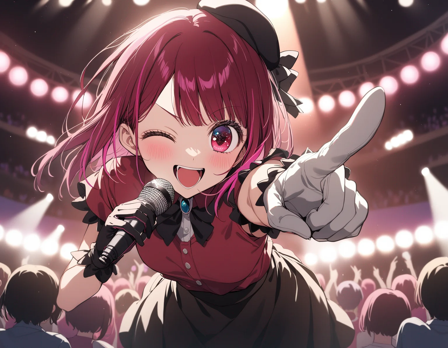 1girl, arima kana, oshi no ko, solo, idol, idol clothes, one eye closed, red shirt, black skirt, black headwear, gloves, stage light, singing, open mouth, crowd, smile, pointing at viewer, masterpiece, best quality