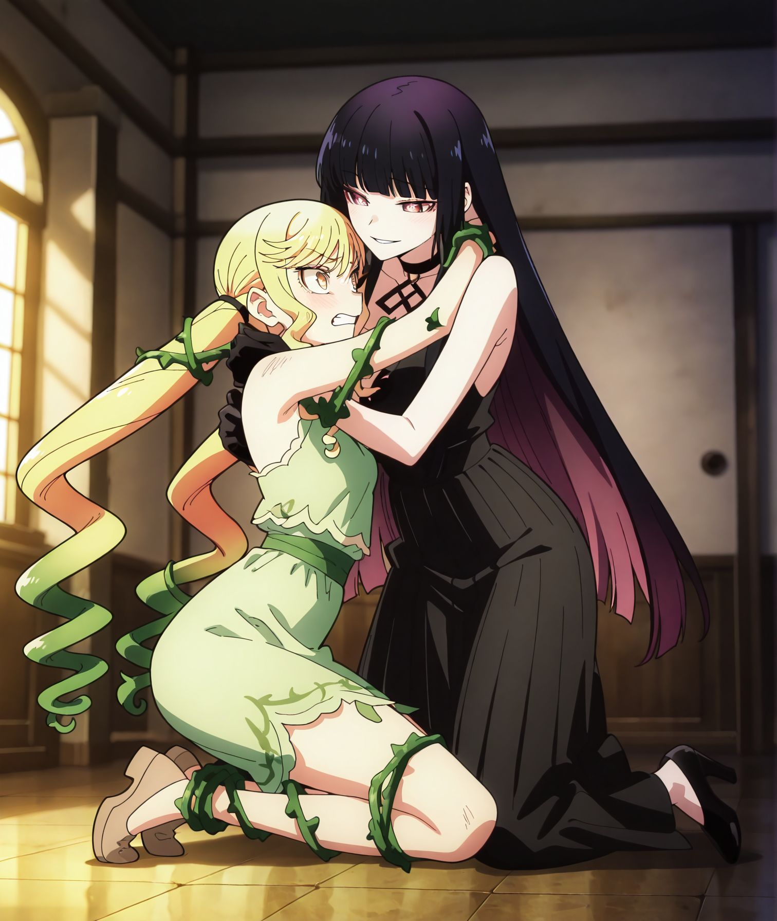masterpiece, best quality, newest, absurdres, highres, detailed eyes, beautiful, detailed background, perfect eyes, anime coloring, anime screencap,
<lora:add-detail-xl:0.5>
<lora:Rock_Is_a_Ladys_Modesty:1> rock_ladyV1.
multiple girls,2girls,long hair, full body, 
blonde hair,vines,bound,bdsm,femdom,
bondage,yuri, r_ririsa,
BREAK
r_kurotetsu, black hair, long hair,