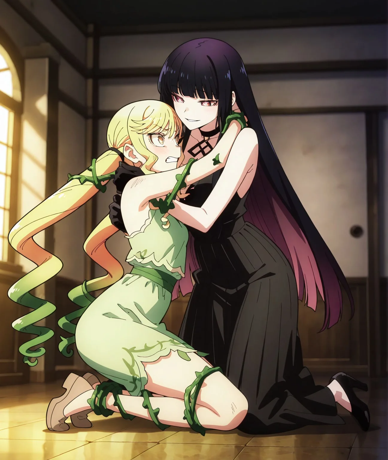 masterpiece, best quality, newest, absurdres, highres, detailed eyes, beautiful, detailed background, perfect eyes, anime coloring, anime screencap,
<lora:add-detail-xl:0.5>
<lora:Rock_Is_a_Ladys_Modesty:1> rock_ladyV1.
multiple girls,2girls,long hair, full body,
blonde hair,vines,bound,bdsm,femdom,
bondage,yuri, r_ririsa,
BREAK
r_kurotetsu, black hair, long hair,