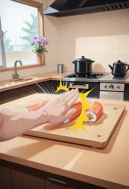 masterpiece,best quality,amazing quality,very aesthetic,absurdres,newest, huge filesize,
BREAK 
no human,
PussySlapping, ^^^, (((speed lines, motion lines, action lines, motion blur))), sushi focus, slapping, 
chopping board,sushi on chopping board, foreground, pov hand,
emphasis lines, afterimage, one male hand, disembodied hand,
indoors,kitchen,window,flower, 
close up,
front view,pov