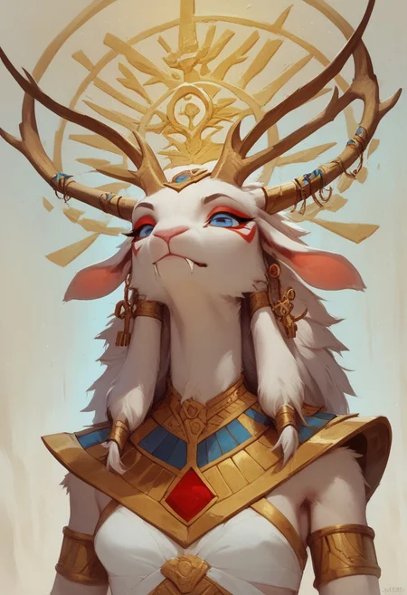 score_9, score_8_up:1.1, score_7_up, Expressiveh,
solo
1 dwarven girl, standing, female, small breasts, fur, (goat like face), long chin hairs, (fangs, closed mouth) antlers, (pure white fur, red eyeliner)
egyptian outfit, white pharoah clothing
standing in pure white egyptian palace, ice palace, pitch white structure, clear skies