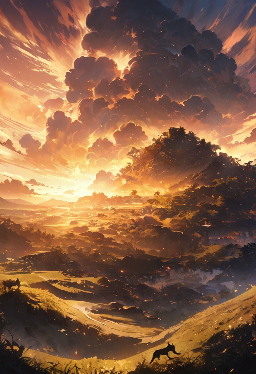 A haven for animals, detailed landscape, captivating, fantastic, great lighting, Nature, grasslands, sun, sunset, silhouettes of animals, animals covered in gold particles,( from above),  double exposure, beautiful view, mysterious glow, beautiful clouds, depth of field, masterpiece, best quality, 8k, ultra-detailed, very aesthetic, illustration, superb composition, finest details, , intricate details, absurdres, high contrast, RAW, concept art,