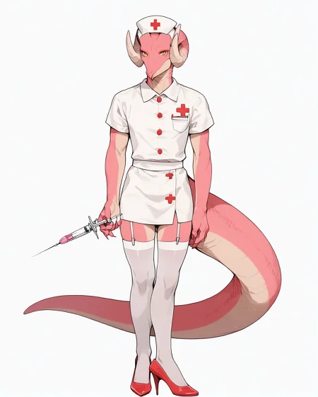 score_9, score_8_up, score_7_up, score_6_up, score_5_up, score_4_up,
(Masterpiece), (Best Quality), (Hi Res),
source_furry,
<1boy:1.5>,
<solo:1.5>,
<pink skin:1.5>,
<pink body:1.5>,
vincent_falnail, falchan, greyscale, 1boy, male focus, solo, yellow eyes, horns, furry male, furry, simple background, white background,
lipstick,makeup,ribbon,nostrils,dragon,
legs,sexy legs,muscular legs,heels,red heels,
<full body:1.5>,
<body focus:1.5>,
<simple background:1.5>,
<white background:1.5>,
<lora:Vincent_Falnail:1> vincent_falnail,
<lora:90s4n1m3XLP:1> 90s4n1m3, nurse,
nurse outfit,
short skirt,
sexy nurse,
stockings,
white stockings,
meds,
injection,
nurse bonnet,
syringe,