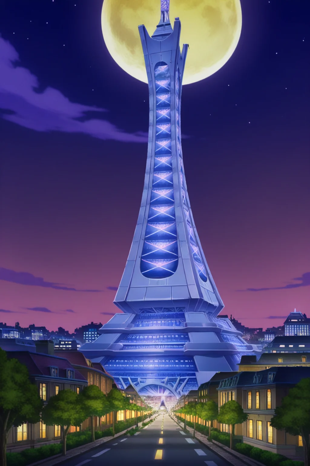 anime, animification, anime screencap, anime coloring, vivid colors, depth of field, high quality, highres, lumiose city, outdoors, ((sky)), cloud, tree, no humans, night, moon, building, prism tower, star, night sky, scenery, full moon, starry sky, city, road, cityscape, tower, city lights
<lora:Lumiose_city-10:1>