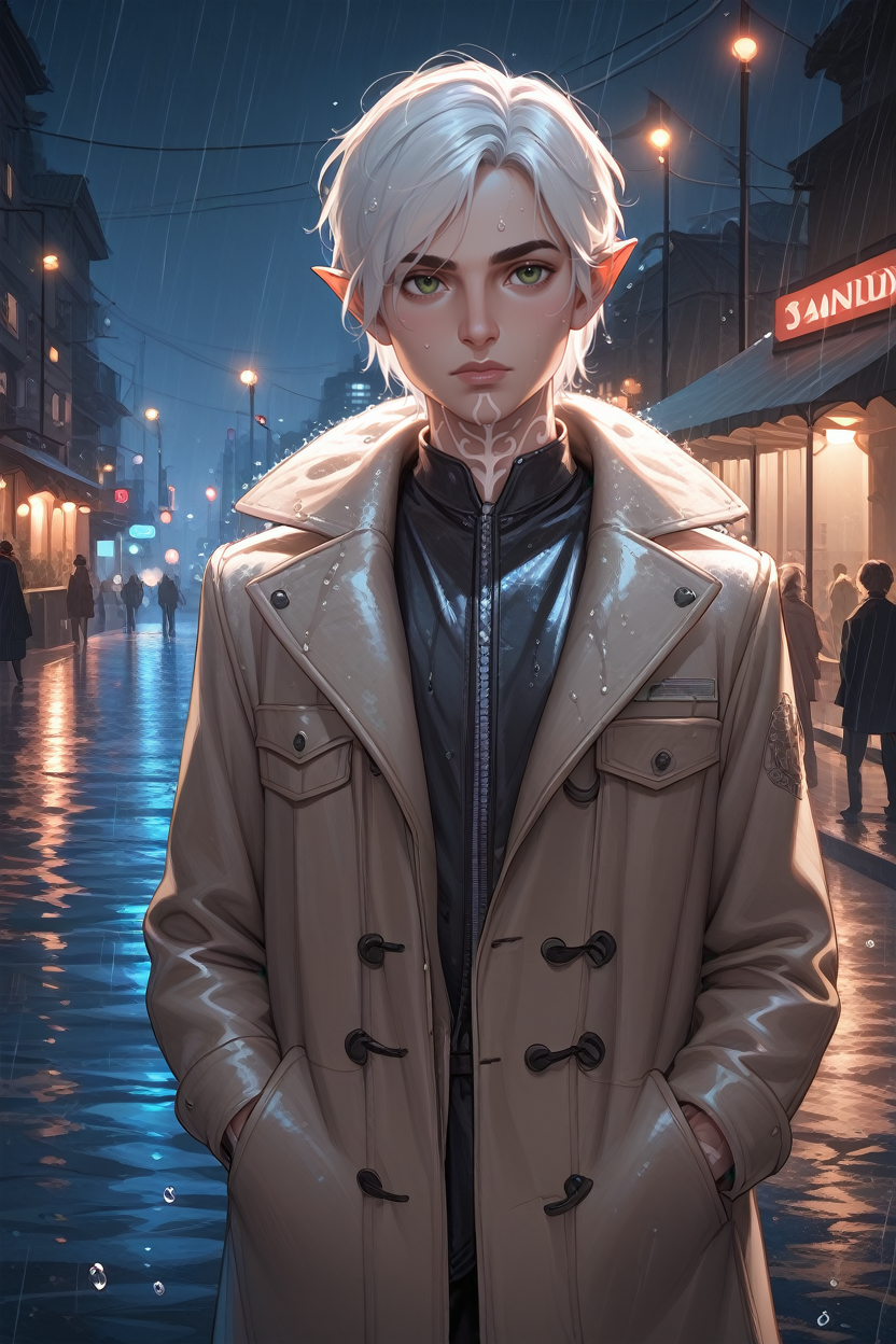 score_9, score_8_up, score_7_up,
<lora:DA2Fenris:0.8>
DA2Fenris, 1boy, white hair, green eyes, white tattoo, pointy ears, looking at viewer, standing in a rain-soaked street at night, wearing a trench coat, water droplets glistening, moody and cinematic, city lights reflecting in puddles