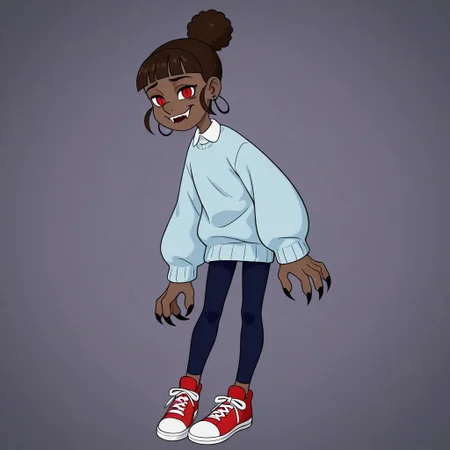 Marsha, 1girl, solo, Dark skin, dark brown hair in a high bun, straight bangs, small round earrings, light blue sweater with a white collar, dark blue leggings, red sneakers.
Marsha, vampire, pale skin, vampire fangs, red eyes, evil smile, fangs, claws, flying