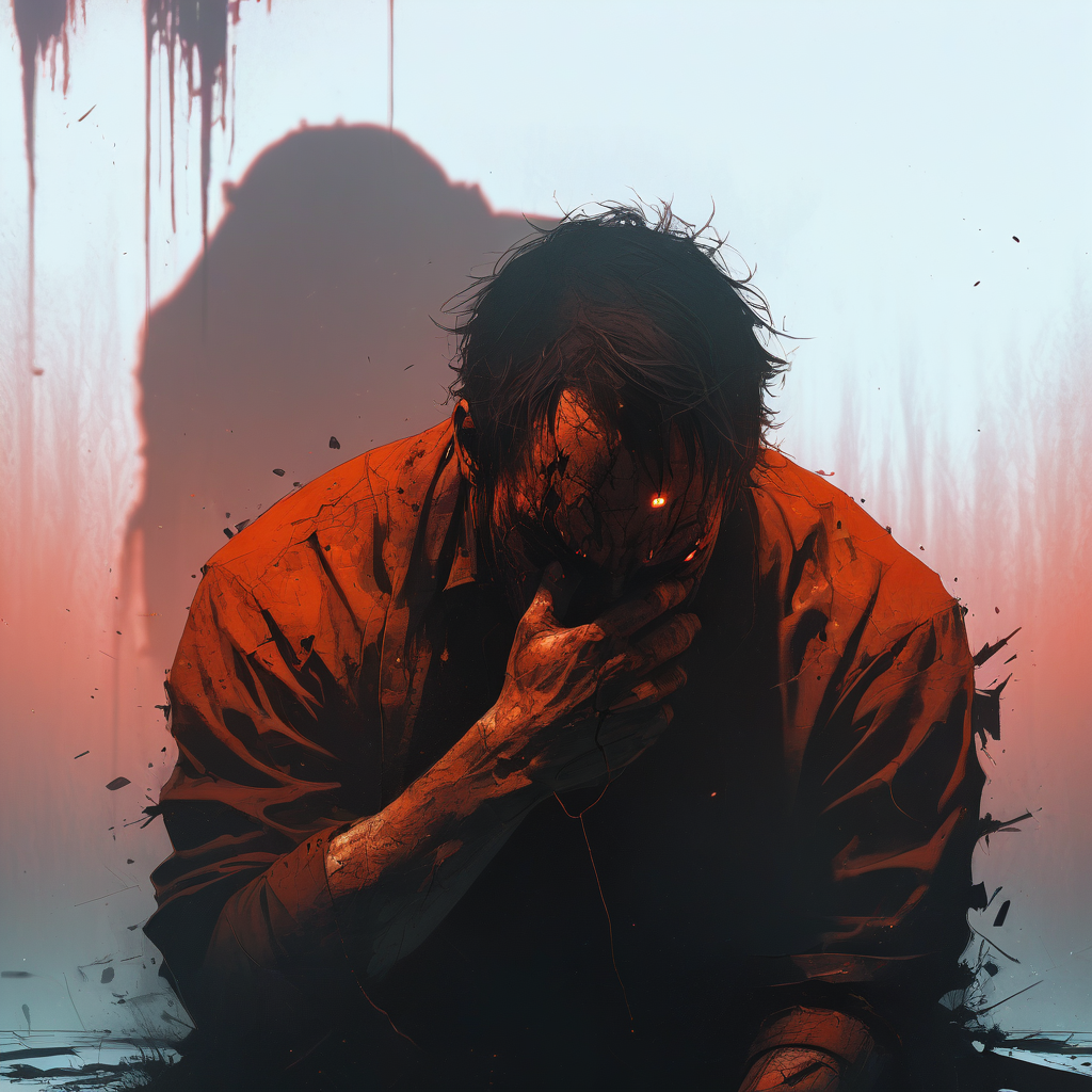alone in the darkness, broken, kneeling and looking down, full body, no face, (psychopathic:0.8) , brutal composition, gloomy, intense dark tones, leaving an indelible and haunting impression on psyche, very intricate, in the style of Russ Mills and Milo Manara. (vibrant masterpiece, (8k1.5), UHD, very detailed, high-quality, best artist, sharp edges, detailed textures, full view, atmospheric lighting, stunning visuals)