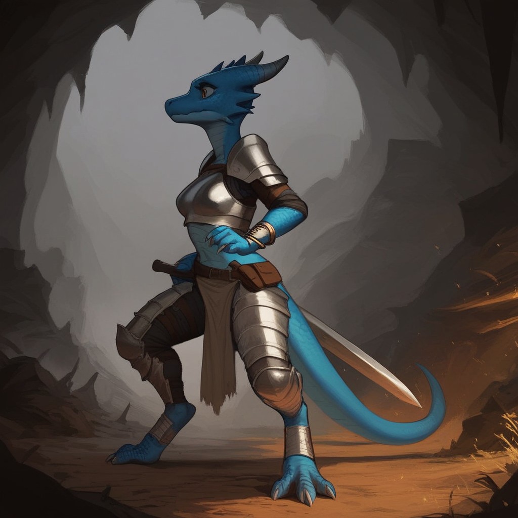 score_9, score_8_up, score_7_up, score_6_up, source_cartoon, black outlines, 1girl, solo, full body, profile, in a cave, blue Kobold, furry dragon, tail, short stature, short, medium breasts, scales, scaly skin, knight armor,  road sword, leather utility belt, bracelets, anklets, cute face, pale blue skin, fighting stance, worried look on face