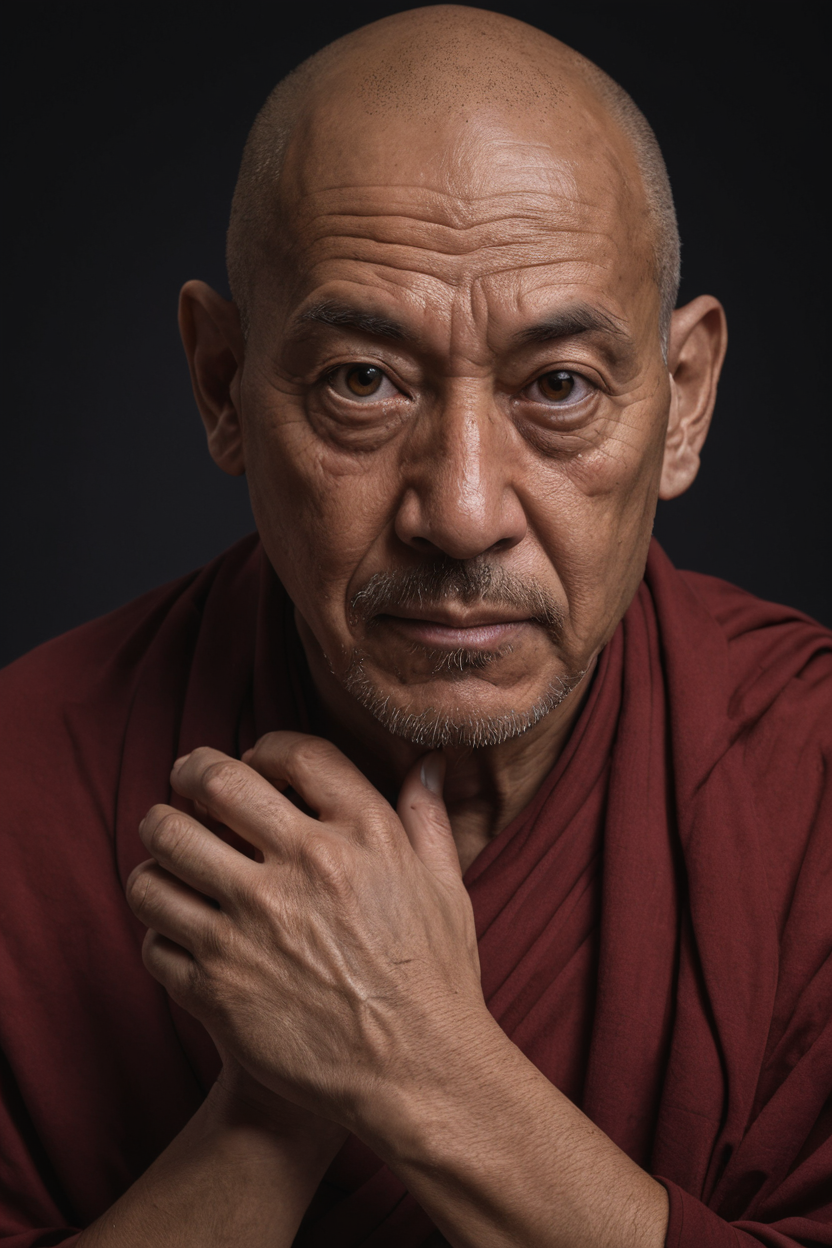 half body photo of monk 52 y.o man,hands down,8k uhd,high quality,dramatic,cinematic