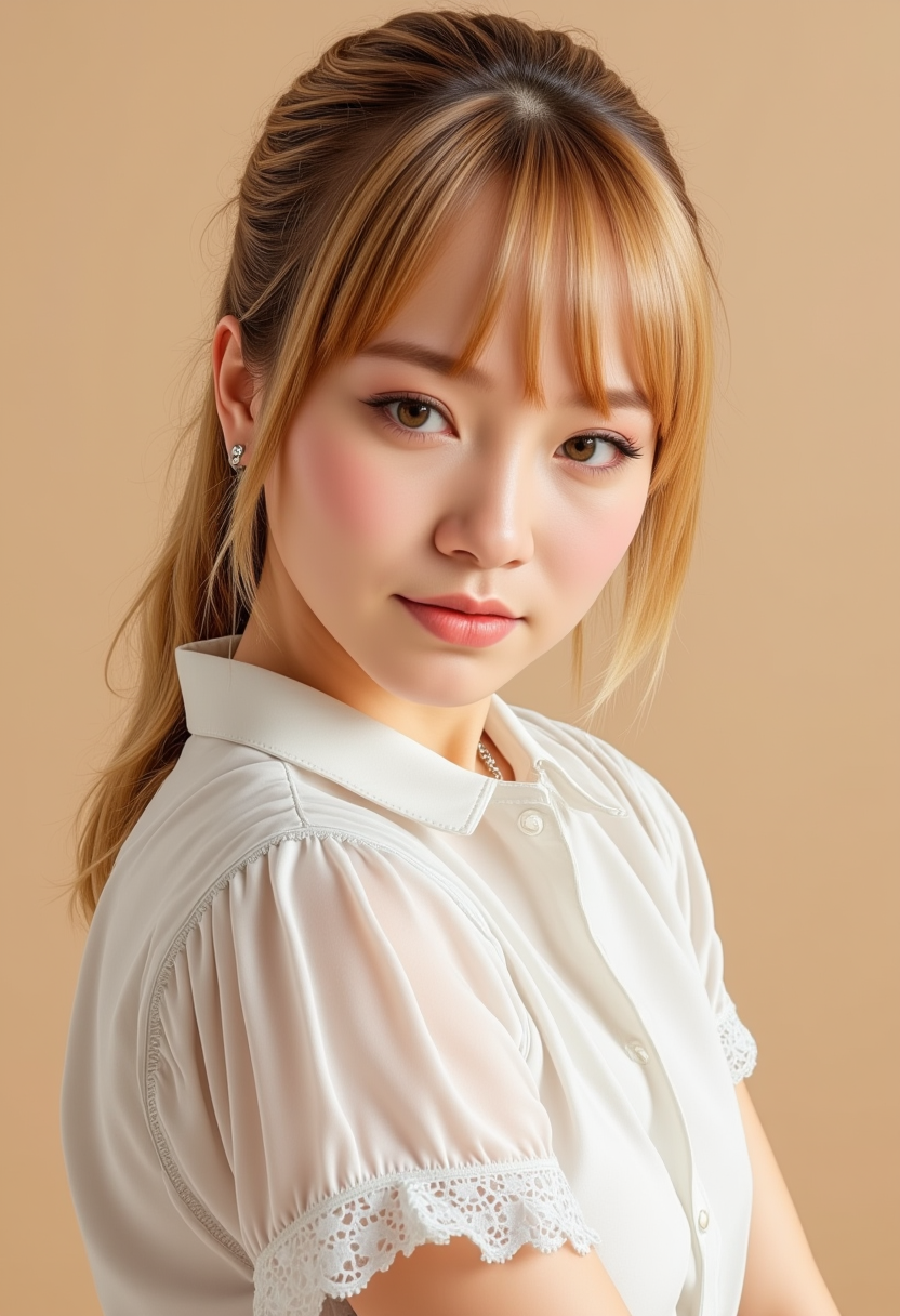 She is approximately 18 years old. Hyperrealism, she is looking at the camera, (dynamic angles), profile headshots of a beautiful, stunning unique female character. she has blonde hair. her eyes are filled with joy and excitement, extravagant eyelashes, a photo of Kitti3, a woman wearing a white frilly shirt. The woman is posing confidently. simple beige background. She has a slight smile on her face and is looking directly at the camera. making this image a masterpiece of photography and digital art. realistic. making this image a masterpiece of photography and digital art. Style: realistic hyper-detailed rendering, 32k UHD, expressive eyes, punk, graphic design, girl's face, pretty and cute, gleaming lips, telling a tale of adventure. Exuding confidence and serenity. The overall mood of the image is happy and relaxed,detailed skin texture,(blush:0.2),(goosebumps:0.3),subsurface scattering,whimsical,Detailed hand, Perfect hand. Perfection style.