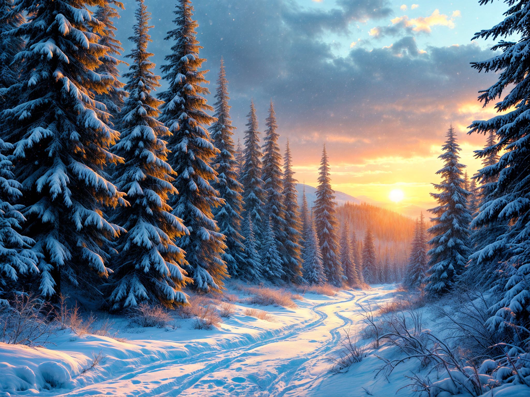 A realistic scene of a serene and charming winter forest. The forest is filled with tall, snow-covered evergreen trees, the branches of which are covered with fresh snow. A light snowfall creates a peaceful atmosphere. The stage is illuminated by the red rays of the almost set sun, casting long shadows and creating a serene atmosphere.