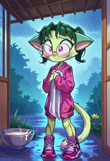 Dreamkeepers,1girl,prelude_lilith,solo,furry,tail,green hair, source_furry,glasses,magenta eyes,
child, kid,
crouches under a porch awning in the rain, cradling a tiny, shivering kitten wrapped in her cardigan. Her hair is soaked, and her oversized glasses slide down her nose, revealing worried eyes. A half-empty bowl of milk sits nearby, and her muddy sneakers betray her hurried rescue mission. She bites her lip nervously, unsure if the kitten approves of her makeshift towel blanket, kitten, rain, cardigan, wet_hair, blush, worried_expression, porch, mud, sneakers, bowl, towel, oversized_clothing, protective_pose, innocent_face, cloudy_sky, water_droplets