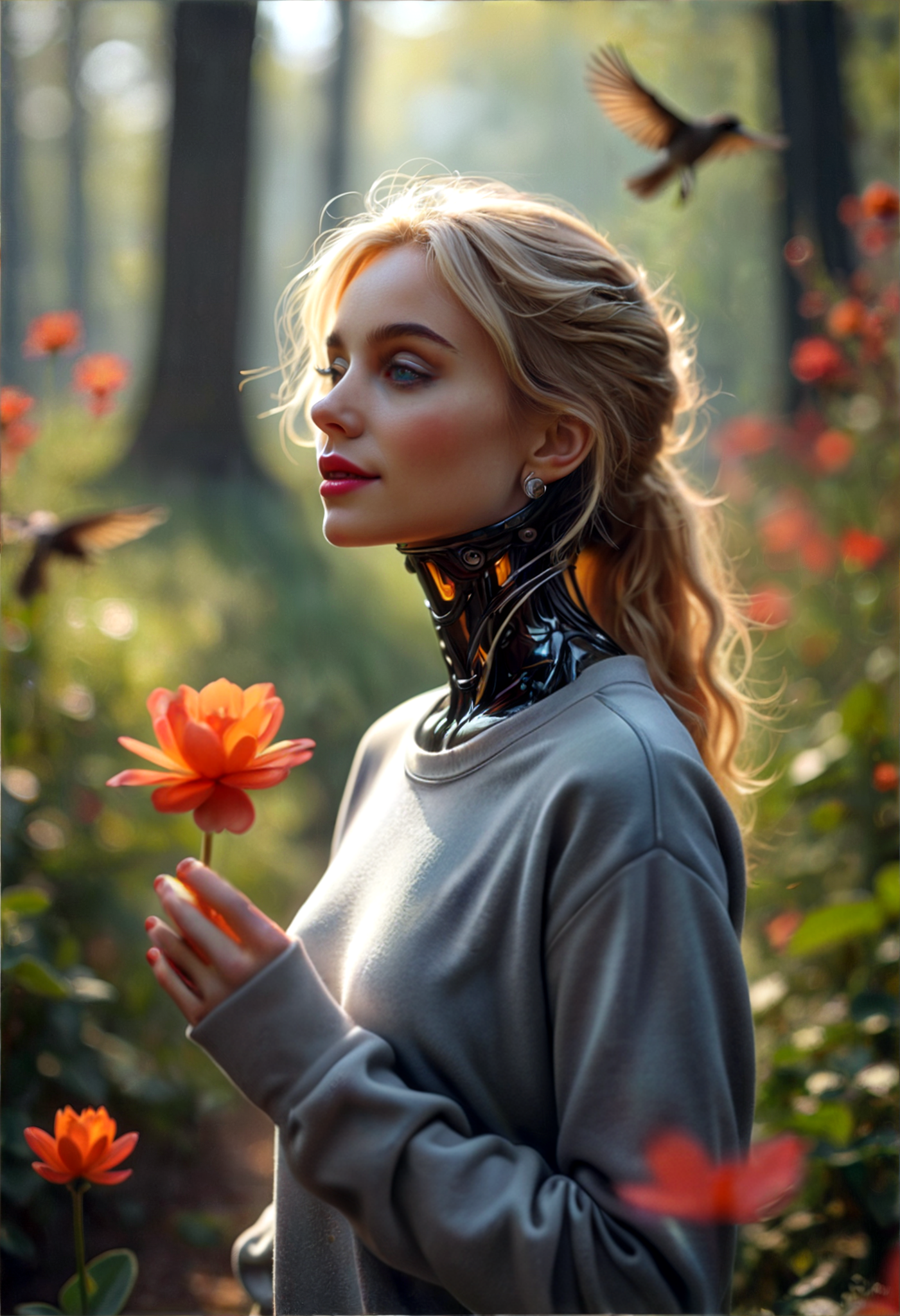 Hyperrealistic art a woman with a mechanical neck and a flower in her hand in a field of flowers with a bird flying overhead, Artur Tarnowski, ex machina, cyberpunk art, aestheticism.  Cinematic photography, movie mood, cinematic light, compelling composition, storytelling elements, conveys emotion, mood, and narrative depth, creating visually striking images that feel like still frames from a film. <lora:add-detail-xl:.5> <lora:Flux-style-xl-lora:.5>