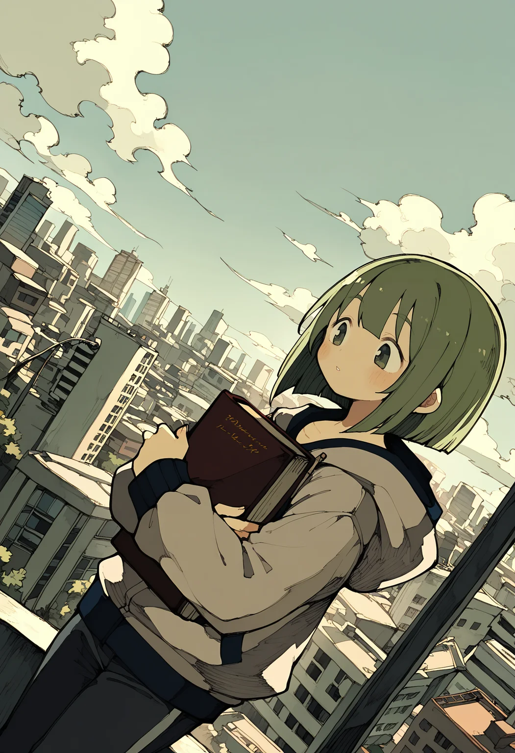 1girl,   green hair,  short hair,         freakles, 
BREAK dutch angle,  1girl, holding book, hugging object,         
BREAK                   Hoodie, Long Sleeves, Pants,  modern city, skyscaper roof, blue sky,      
BREAK general, (senmu \(0107\):0.9), (inaka keikou:0.55), (maniani:1.15), masterpiece, best quality, absurdres, highres, newest, <lora:ponyv6_noobV1_2_adamW:0.7>, <lora:VICE_v1.0:0.4>