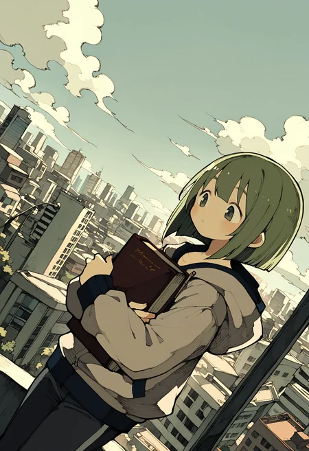 1girl,   green hair,  short hair,         freakles, 
BREAK dutch angle,  1girl, holding book, hugging object,         
BREAK                   Hoodie, Long Sleeves, Pants,  modern city, skyscaper roof, blue sky,      
BREAK general, (senmu \(0107\):0.9), (inaka keikou:0.55), (maniani:1.15), masterpiece, best quality, absurdres, highres, newest, <lora:ponyv6_noobV1_2_adamW:0.7>, <lora:VICE_v1.0:0.4>