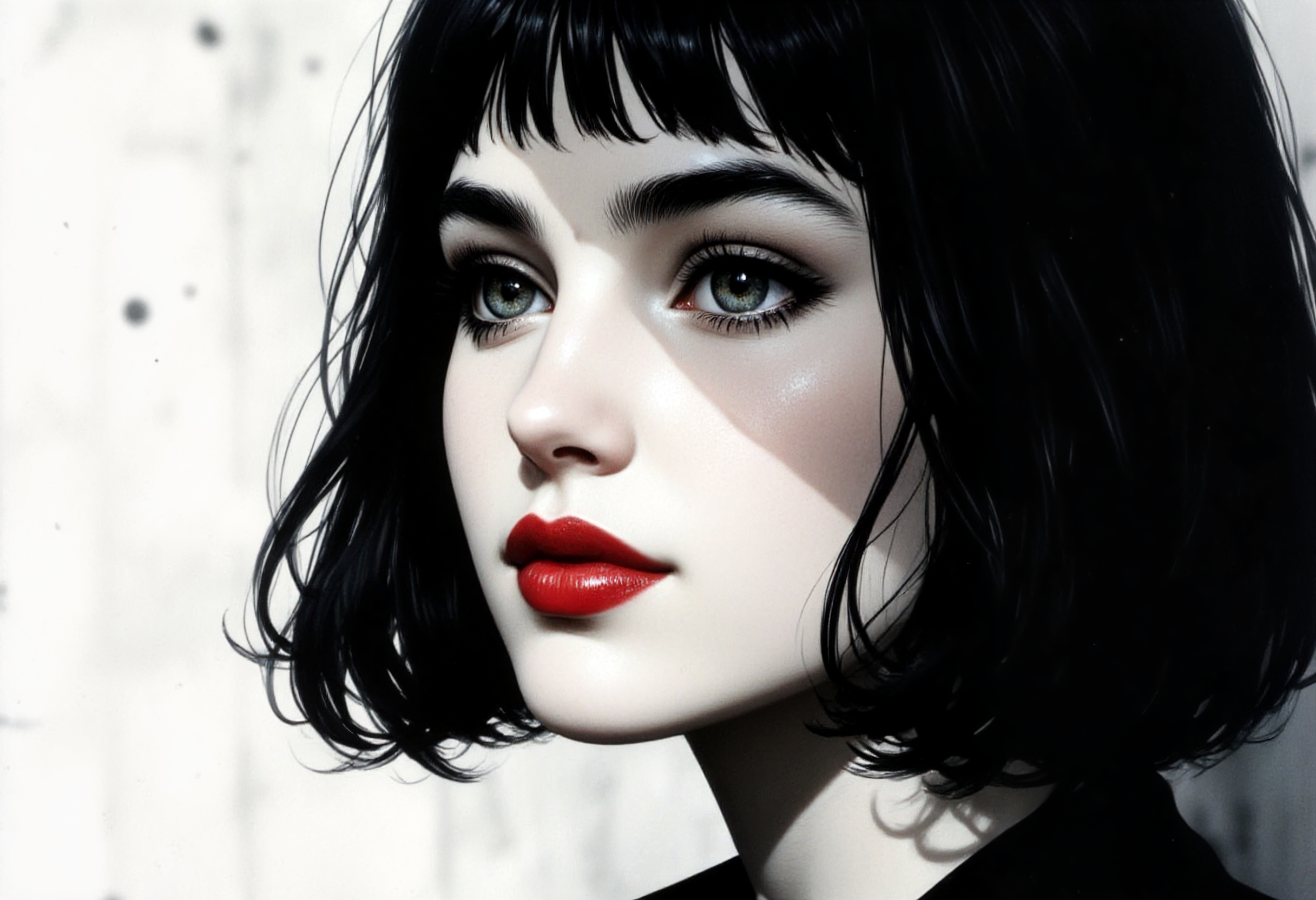 chiascuro art: A side close-up illustration of a beautiful 18 year old woman with pale skin. She has short black hair and bangs, a soft, delicate smile, and bright red lips that contrast with her monochrome, textured face. Against a blurred white background with black dots, her expression is both mysterious and warm, capturing an intriguing mix of fragility and resilience.  Scene with low light, only a few rays that filter directly into the woman's face


Chiaroscuro Lighting StyleCovered in shadows