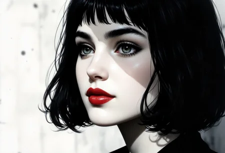chiascuro art: A side close-up illustration of a beautiful 18 year old woman with pale skin. She has short black hair and bangs, a soft, delicate smile, and bright red lips that contrast with her monochrome, textured face. Against a blurred white background with black dots, her expression is both mysterious and warm, capturing an intriguing mix of fragility and resilience. Scene with low light, only a few rays that filter directly into the woman's face
Chiaroscuro Lighting StyleCovered in shadows
