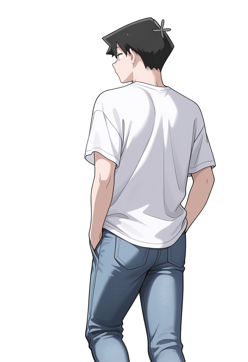 Smooth Quality,masterpiece,very intricate, high quality details, ultra realistic, high detailed skin,detailed enviorement,
simple background, white background, 
from behind,depressed,walking, one hand in pocket, looking aside, casual, confident,  ,
 <lora:Tadano_Hitohito_cnn:0.8> 
tadanohitohitocnn, tadanocnn,1boy,black hair, short hair, black eyes, hair flower,
t-shirt, jeans, oversized clothes,