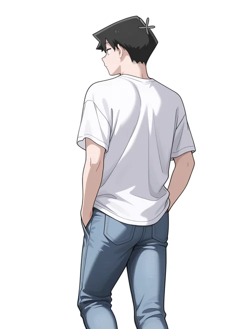 Smooth Quality,masterpiece,very intricate, high quality details, ultra realistic, high detailed skin,detailed enviorement,
simple background, white background, 
from behind,depressed,walking, one hand in pocket, looking aside, casual, confident,  ,
 <lora:Tadano_Hitohito_cnn:0.8> 
tadanohitohitocnn, tadanocnn,1boy,black hair, short hair, black eyes, hair flower,
t-shirt, jeans, oversized clothes,