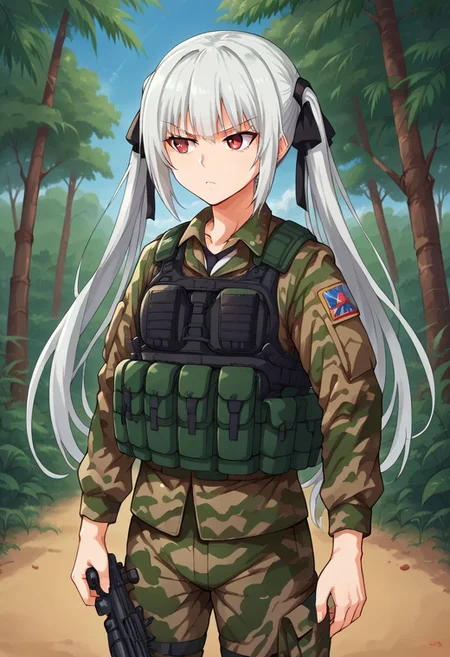 1girl, solo, chloepnsher, white hair, long hair, twintails, hair ribbon, red eyes, military combat uniform, camouflage jacket, camouflage, load bearing best, camouflage pants, soldier, bulletproof vest, assault rifle, rifle, serious, outdoors, jungle, cowboy shot, parted lips, serious, walking,
