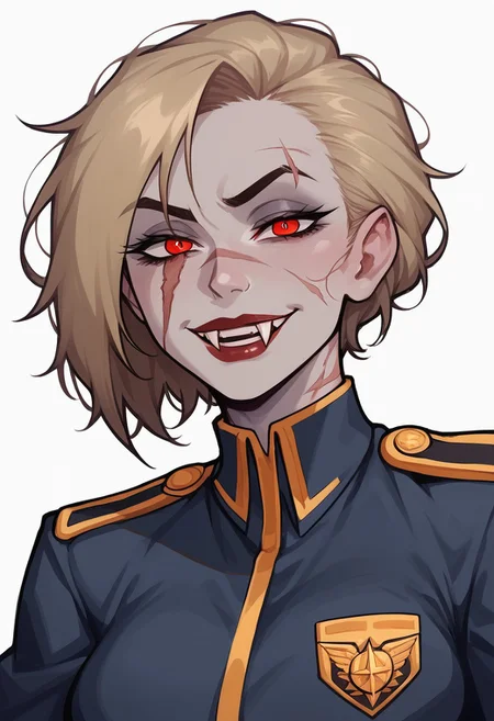 score_9, score_8_up, score_7_up, score_6_up, score_5_up, score_4_up, eye contact, looking at viewer, source_anime, naughty traditional art, lineart, DC, woman, (dirty blonde hair), grey skin, gray skin, cute face, attractive face, pretty face, smile, fangs, vampire fangs, teeth, rating_questionable, zPDXL, napoleonic military officer lady, military uniform, military insignia, upper body portrait, scar over left eye, red eyes