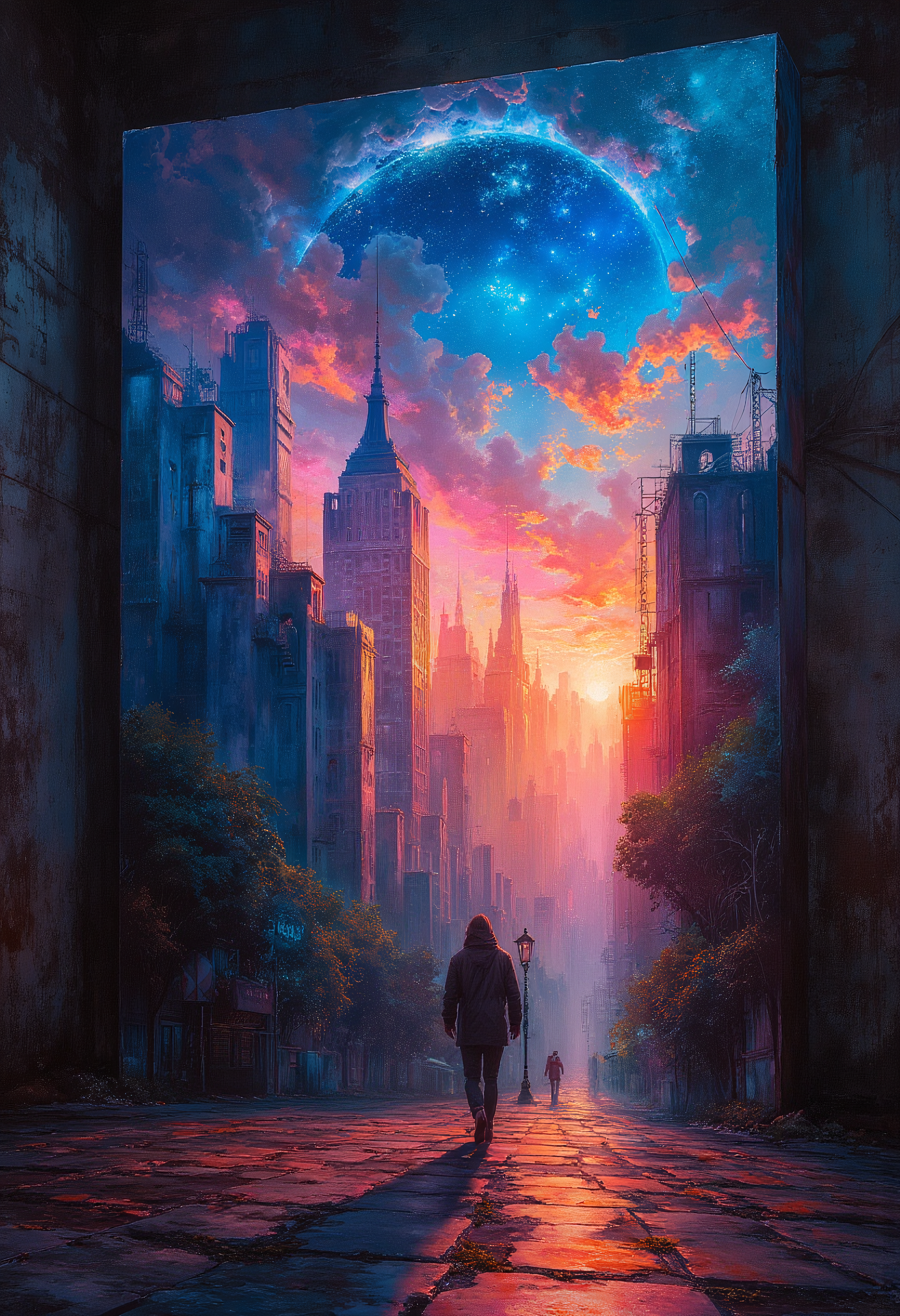 A person walks into a large beautiful landscape painting on a canvas leaning against a wall in a dark and desolate city, vibrant glow