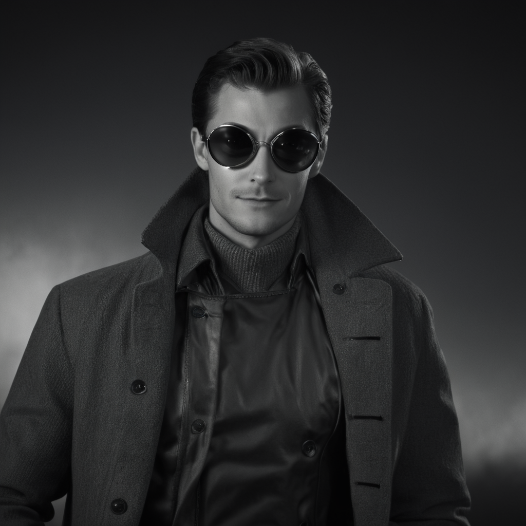 cinematic film still of  <lora:Spider-Man Noir:1>
peter parker a man in a coat and sunglasses looking at camera in Marvel Noir universe,solo,looking at viewer,smile,short hair,shirt,gloves,1boy,holding,closed mouth,monochrome,weapon,greyscale,male focus,belt,pants,holding weapon,coat,gun,sunglasses,holding gun , dark theme, cinematic noir, dramatic Light, shallow depth of field, vignette, highly detailed, high budget, bokeh, cinemascope, moody, epic, gorgeous, film grain, grainy