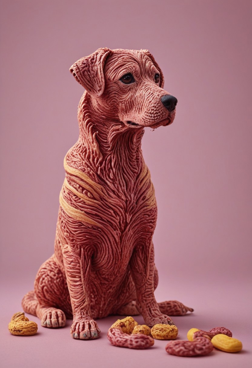 a cute chibby dog with big eyes made out of clay, he is eating a banana made of wagyu, very detailed, 4k, sharp, eating rainbow worms, novuschroma51 style, ((many meat bananas all over the place))