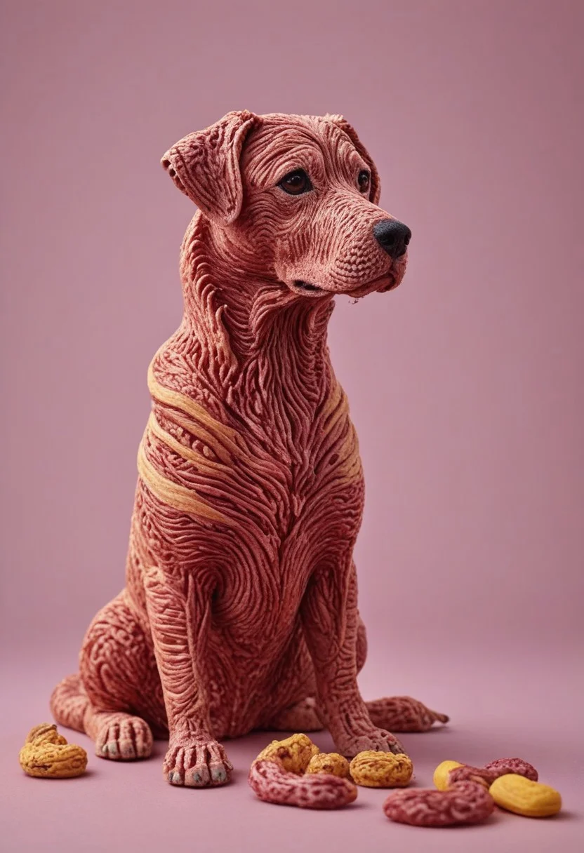 a cute chibby dog with big eyes made out of clay, he is eating a banana made of wagyu, very detailed, 4k, sharp, eating rainbow worms, novuschroma51 style, ((many meat bananas all over the place))