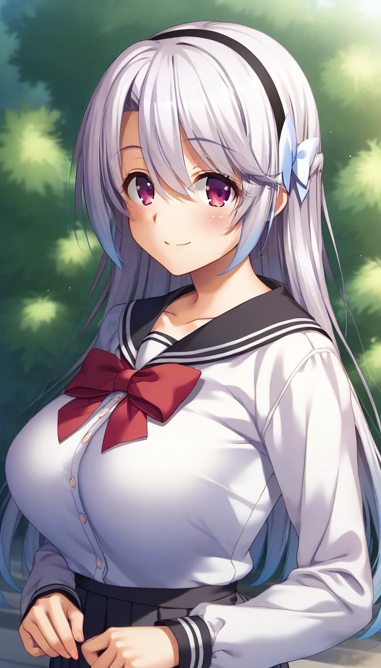 score_9,score_8_up,score_7_up,score_6_up BREAK official art,solo,outdoors,upper body,(portrait:1.5),looking at viewer,facing viewer,smile,blush,Watase Nagisa,long hair,white hair,hair intakes,black hairband,hair ribbon,white ribbon,hair between eyes,bangs,pink eyes,collarbone,school uniform,black sailor collar,white shirt,red bowtie,long sleeves,large breasts,miniskirt,black skirt,pleated skirt,black pantyhose,loafers,black footwear,<lora:Watase Nagisa(skhsk)-Pony:1.4>,