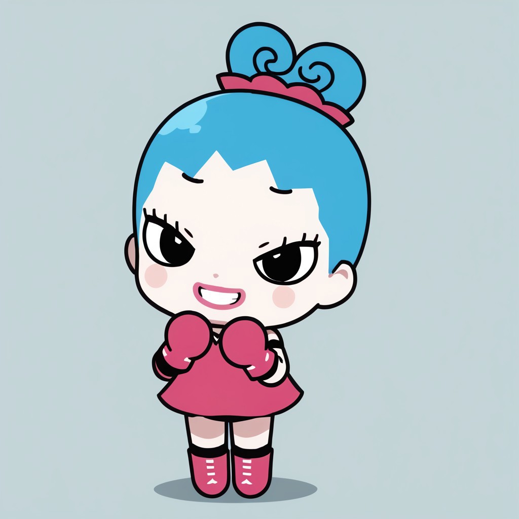 score_9, score_8_up, score_7_up BREAK RingRingP, 1girl, light blue hair, pink scrunchie, pale skin, black eyes, pink circle blush, pink lipstick, sleeveless v-neck pink dress, pink gloves, white-laced pink boots, evil smile, full body, cute pose, evil grin, anime, source_anime,