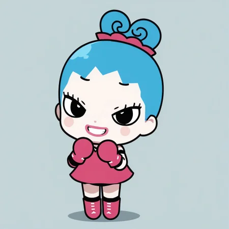 score_9, score_8_up, score_7_up BREAK RingRingP, 1girl, light blue hair, pink scrunchie, pale skin, black eyes, pink circle blush, pink lipstick, sleeveless v-neck pink dress, pink gloves, white-laced pink boots, evil smile, full body, cute pose, evil grin, anime, source_anime,