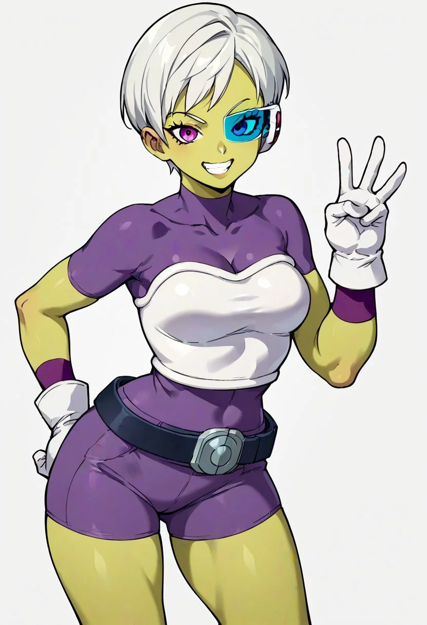 2D, takeda hiromitsu style,
, score_9, score_8_up, score_7_up, score_6_up, score_5_up, score_4_up, BREAK source_anime, masterpiec, 1girl, solo,
1girl, solo, cowboy shot,
closed lips,
tall body, legs, hips, curvy, legs, wide hips, tall body, model pose,
facing front,
cheelai, purple bodysuit, white armor, white gloves, , belt, tinted eyewea, green skin,
gritted teeth, looking at viewer,
ok hand sign, leaning forward,
standing straight, smile, sexy pose, seductive pose, seductuve facial, looking forward, facing front,
negative_hand, an14,
(((white plain background)))