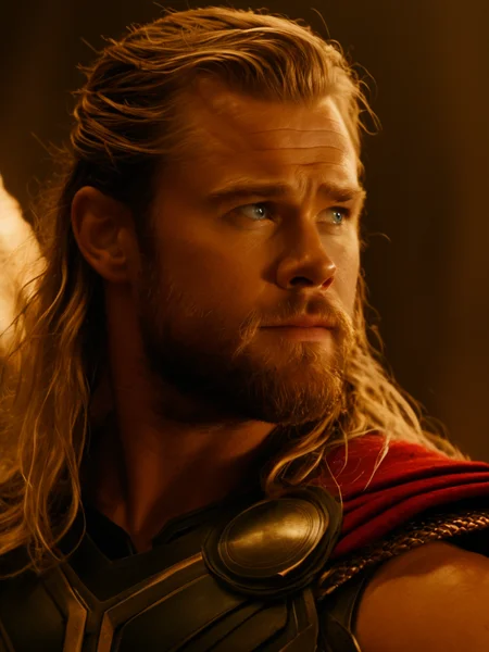 a close up photo of Thor, tattoos, cinematic lighting, film still, movie still