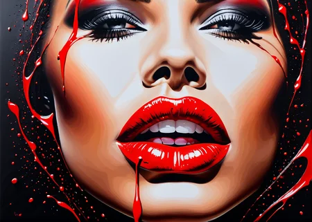(acrylic painting:1.1), ((Lips with lipstick of flowing red color)), Color drips from the lips, flowing, dripping, tempting shot, light skin, black background, highly detailed, glamour, (only uses 256 different shades in total), (brush strokes:0.6), high contrast, (paint drips:0.5), stark, (dripping paint0.5), (splatters:0.5), (dramatic:0.4), (photorealistic:0.2), extreme closeup of the lips,
<lora:MS_AcrylicArt_V1_SDXL:0.8> acrylic_painting, painting, brush strokes, paint drops, paint splatter